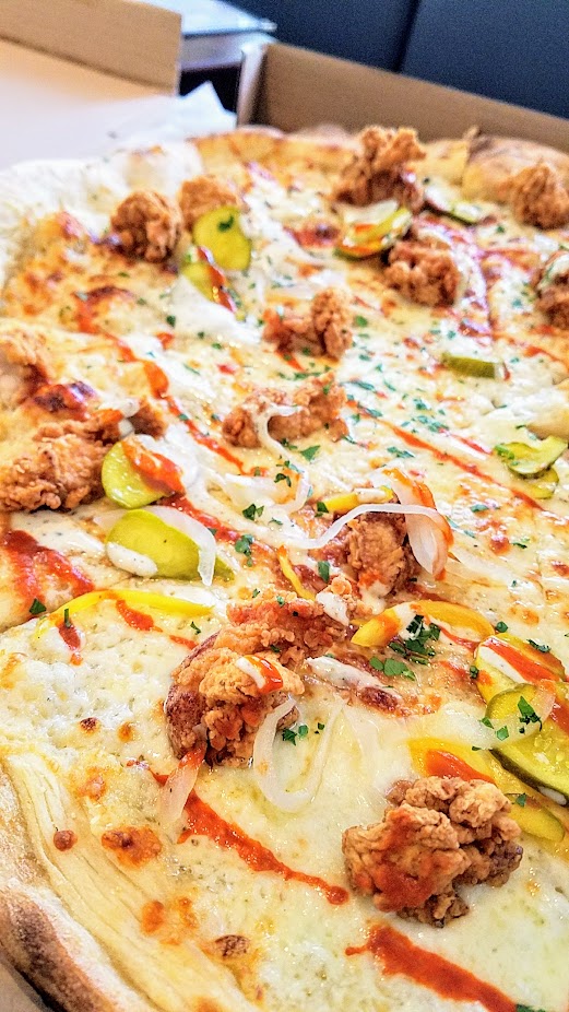 The Crown PDX, Imperial pizza with fried chicken, pickles, ranch, honey, hot sauce