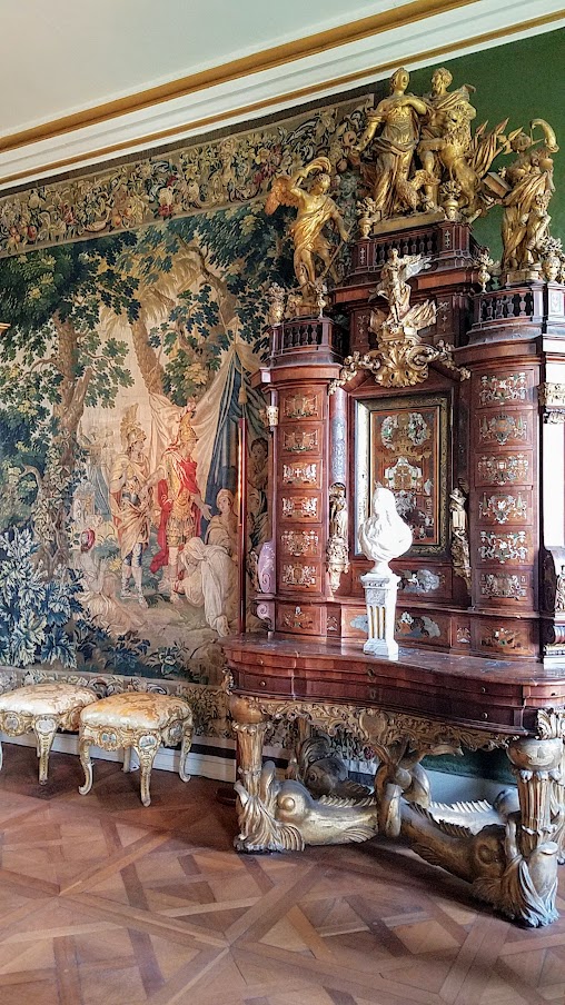 Visiting Rosenborg Castle in Copenhagen, room #12 Christian VI’s Room is ornately decorated with tapestries depicting scenes from the life of Alexander the Great.