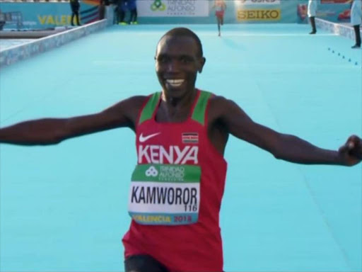 Geoffrey Kamworor crosses the finish line to win the Trinidad Alfonso World Half Marathon in a time of 1:00:02, Valencia, Spain, March 24. /COURTESY