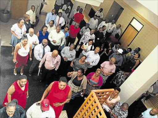 UNPOPULAR: Nehawu members FEBRUARY 29, 2016 A group of Bhisho legislature employees who downed tools yesterday in protested yesterday at the idea of against the planned swearing-in of the institution's former admin head PEC members possibility of Pumelele Ndamase becoming the ANC’s new MPL Picture: SUPPLIED