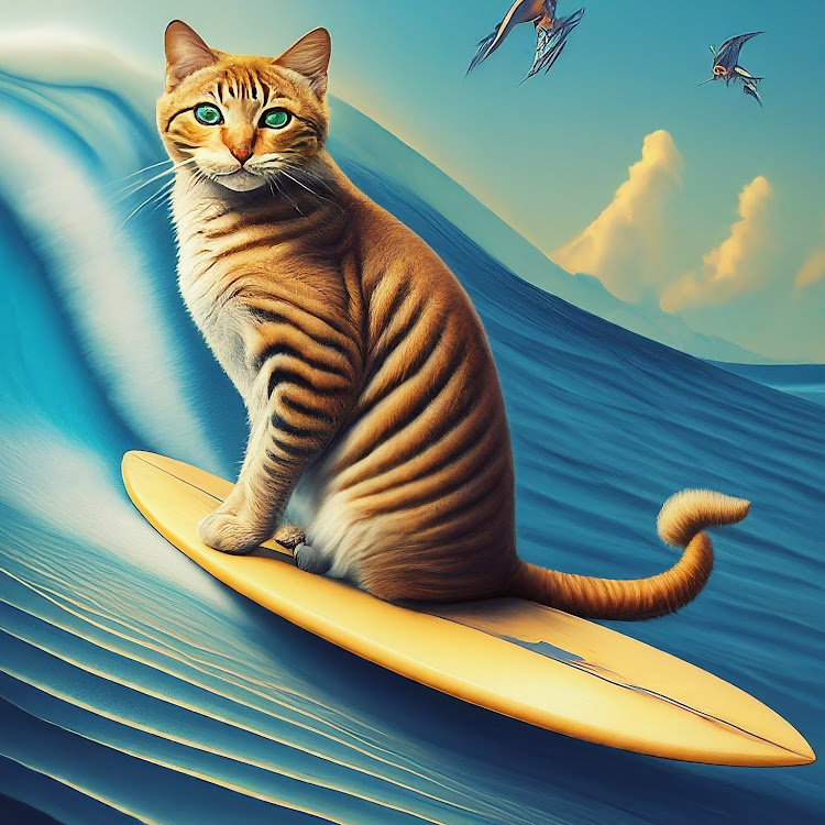 A Bard AI generated image of a cat on a surf board