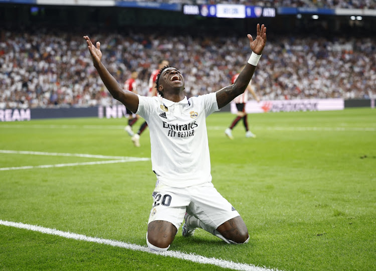 Real Madrid's Vinicius Junior reacts during the LaLiga match against Athletic Bilbao at Santiago Bernabeu in Madrid, Spain on June 4 2023.