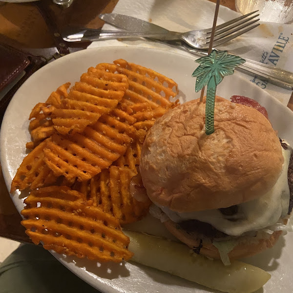 Garlic bacon burger with sweet potato waffle fries