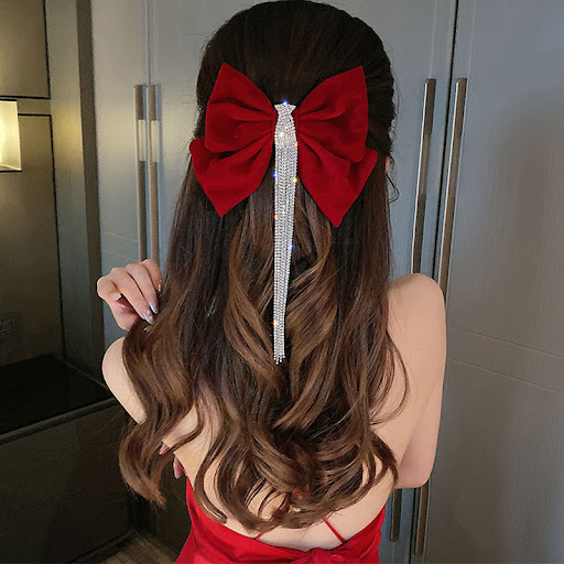 Title 11, Red Bow Encrusted Tassel Hairpin Back Head Spri...
