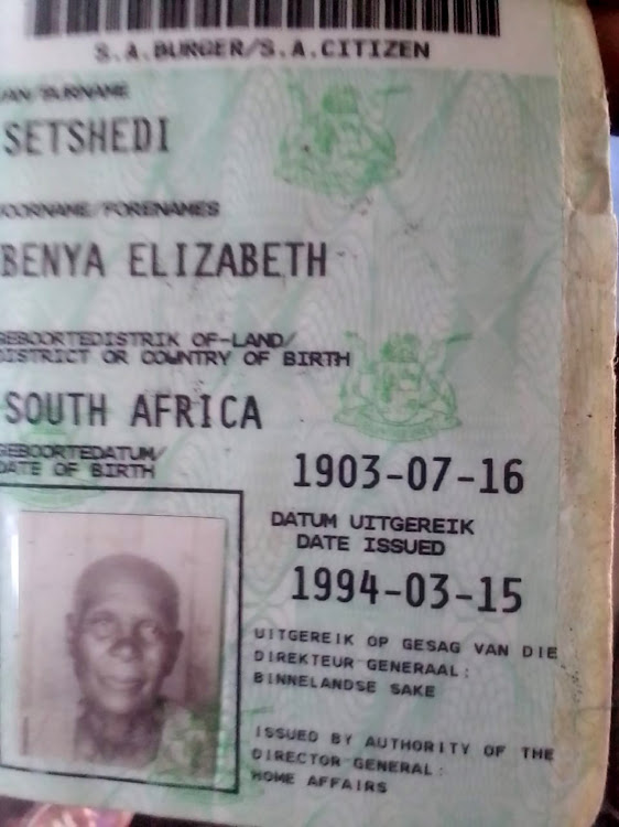 Elizabeth Setshedi's ID book lists her date of birth as July 16, 1903, making her 118 years old.