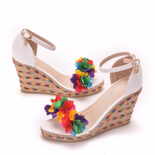 Title 7, Colorful Flower Fish Mouth Wedge Sandals & Whit...