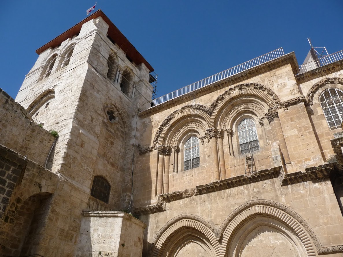 Travel to Israel - Jerusalem. Church of the Holy Sepulchre, where Jesus was crucified and is said also to contain the place where Jesus was buried (the sepulchre). Other than some restoration work, its appearance has essentially not changed since 1854. See that ladder? It also appeared in every published photo and drawing of the entrance to the church dating back to before 1840