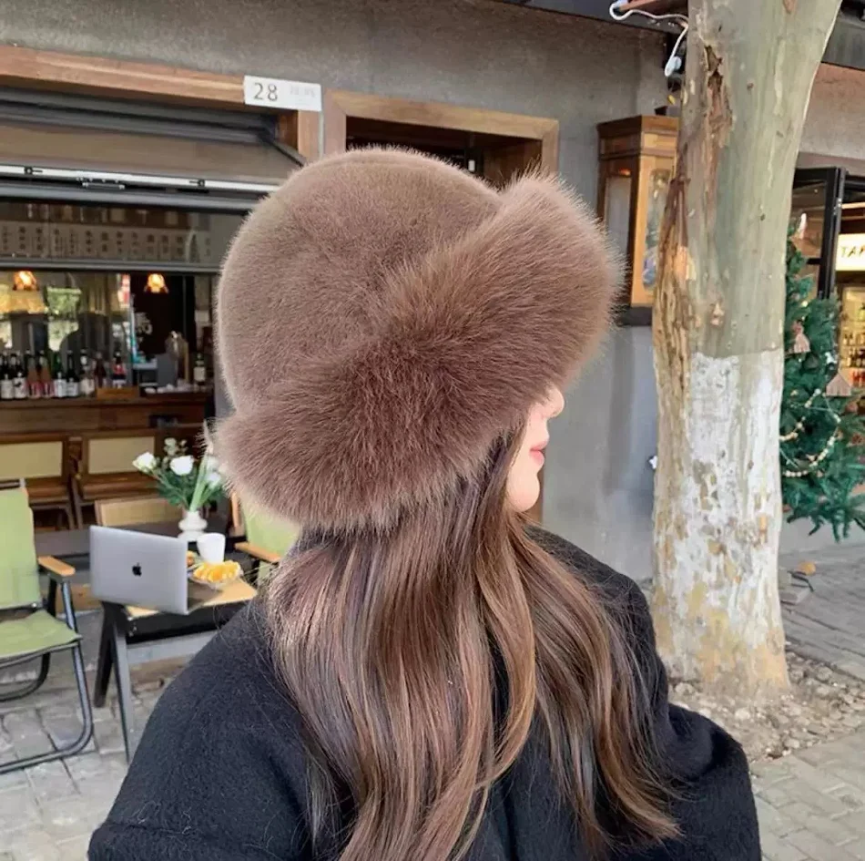 Chapeau semblable à du vison pour femme, chapeau seau en peluche assorti, Protection chaude des oreilles