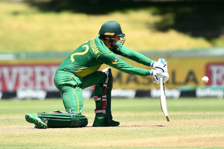 Rassie van der Dussen plays an unorthodox stroke en route to a century for the Proteas in their ODI against India in Paarl on Wednesday.