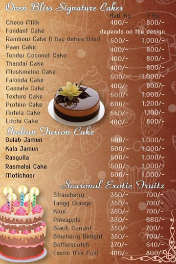 Oven Bliss The Art Of Cake menu 