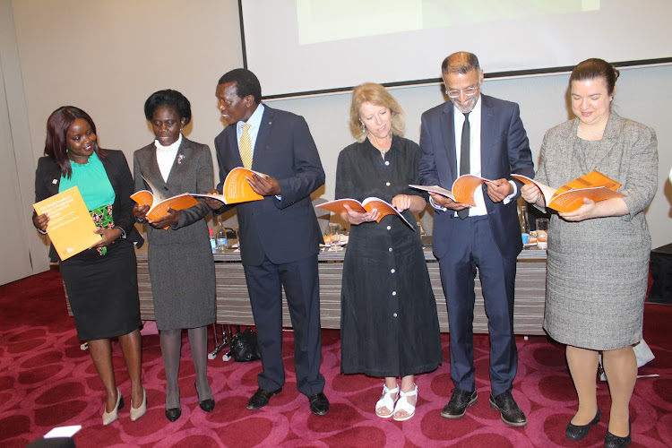 British High Commission governance advisor Nancy Muigei, High Court Criminal division judge Justice Grace Nzioka , Kenya National Human Rights Commission Vice Chair Raymond Nyeris, Professor of University of Oxford Carolyne Hoyle, Death Penalty Co director Parvais Jabbar and EU deputy head of delegation Katrin Hagemann during launch of a report on death penalty in Kenya at Radisson Blue Hotel, Upper Hill, Nairobi on June 14, 2022/ANDREW KASUKU