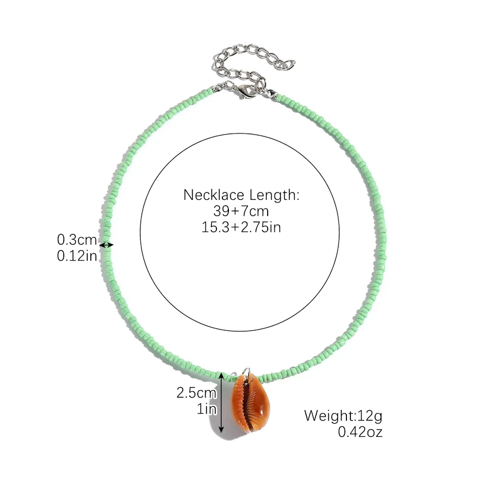 Kleurrijke rijstkorrelvormige kralenketting met schelpen, een levendige en stijlvolle accessoire voor dames. Perfect om elke outfit op te fleuren.