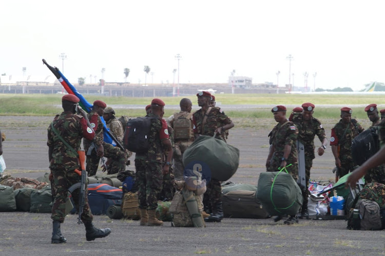 KDF troop from the Democratic Republic of Congo arrive at the Embakasi Garrison in Nairobi on December 21, 2023.