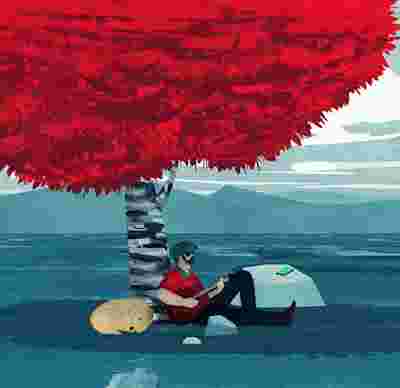 An illustration of Joshua. He sits under a red tree. He wears a paperboy cap and sunglasses, holdiing his guitar while his dog sits next to him. His Android is on a rock next to him, with its screen on.