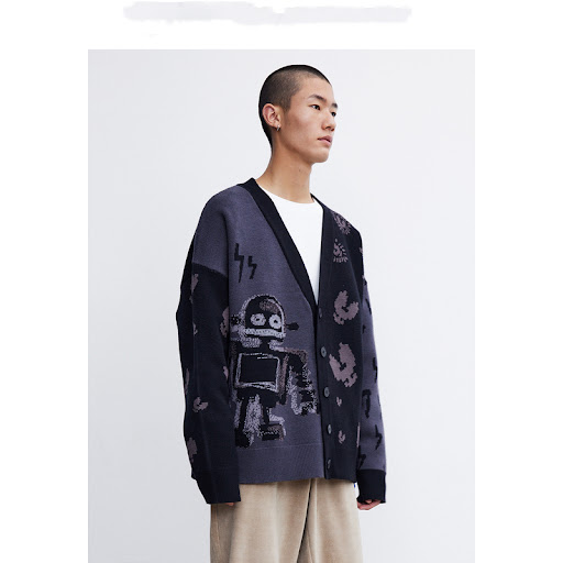 Title 2, Mens Trendy Funny Robot Jacquard Sweater Knit ...