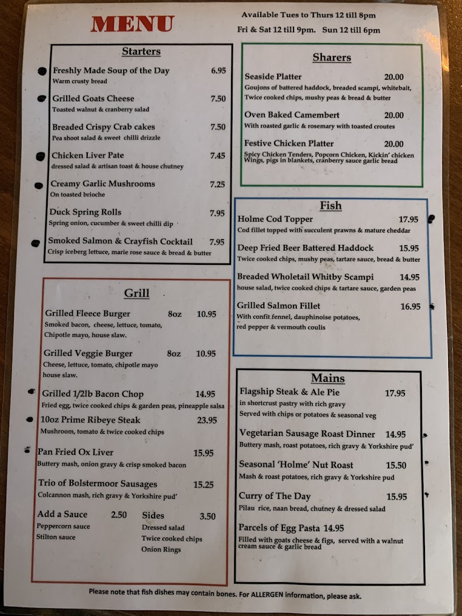 The Fleece Inn gluten-free menu