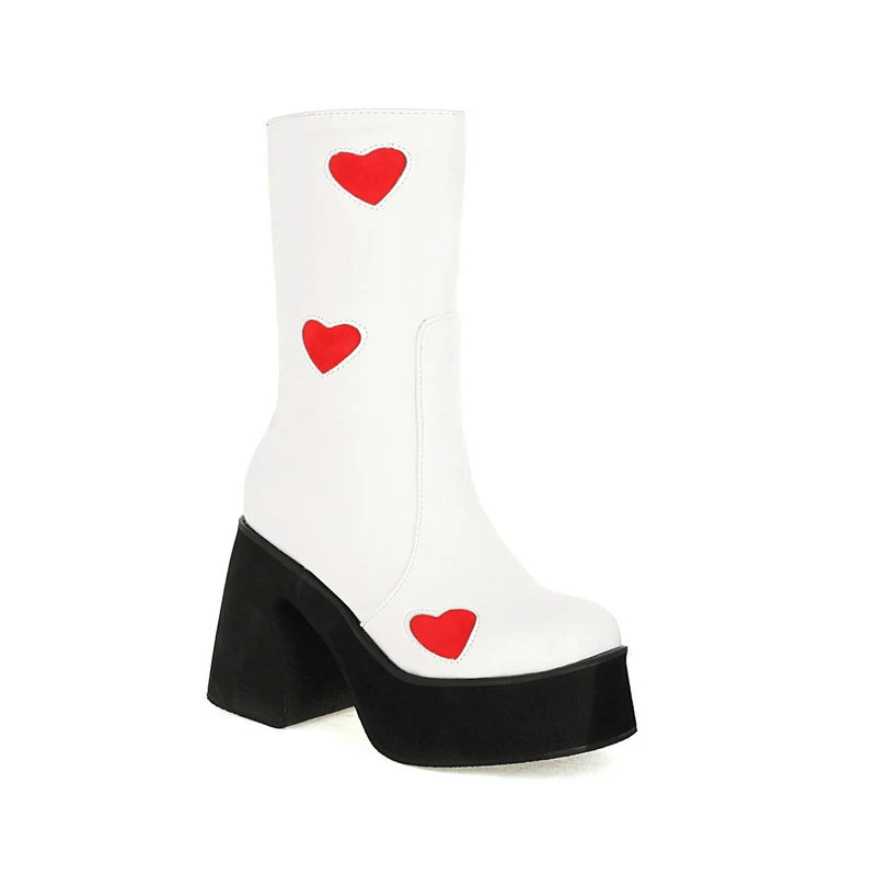 Women's Milk Pattern Love Thick Heel Super High Heel Platform Ankle Boots for a bold, stylish look. Comfortable, fashion