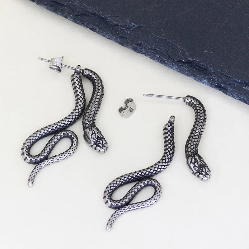 Brincos de Stud Serpente de Aço Titânio para Homens e Mulheres. Design moderno e unissex, durabilidade e conforto. Ideal para uso diário.