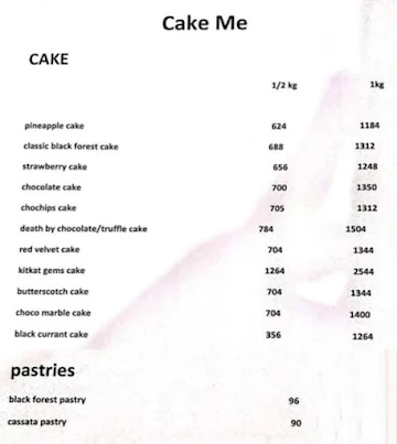 Cake Me menu 