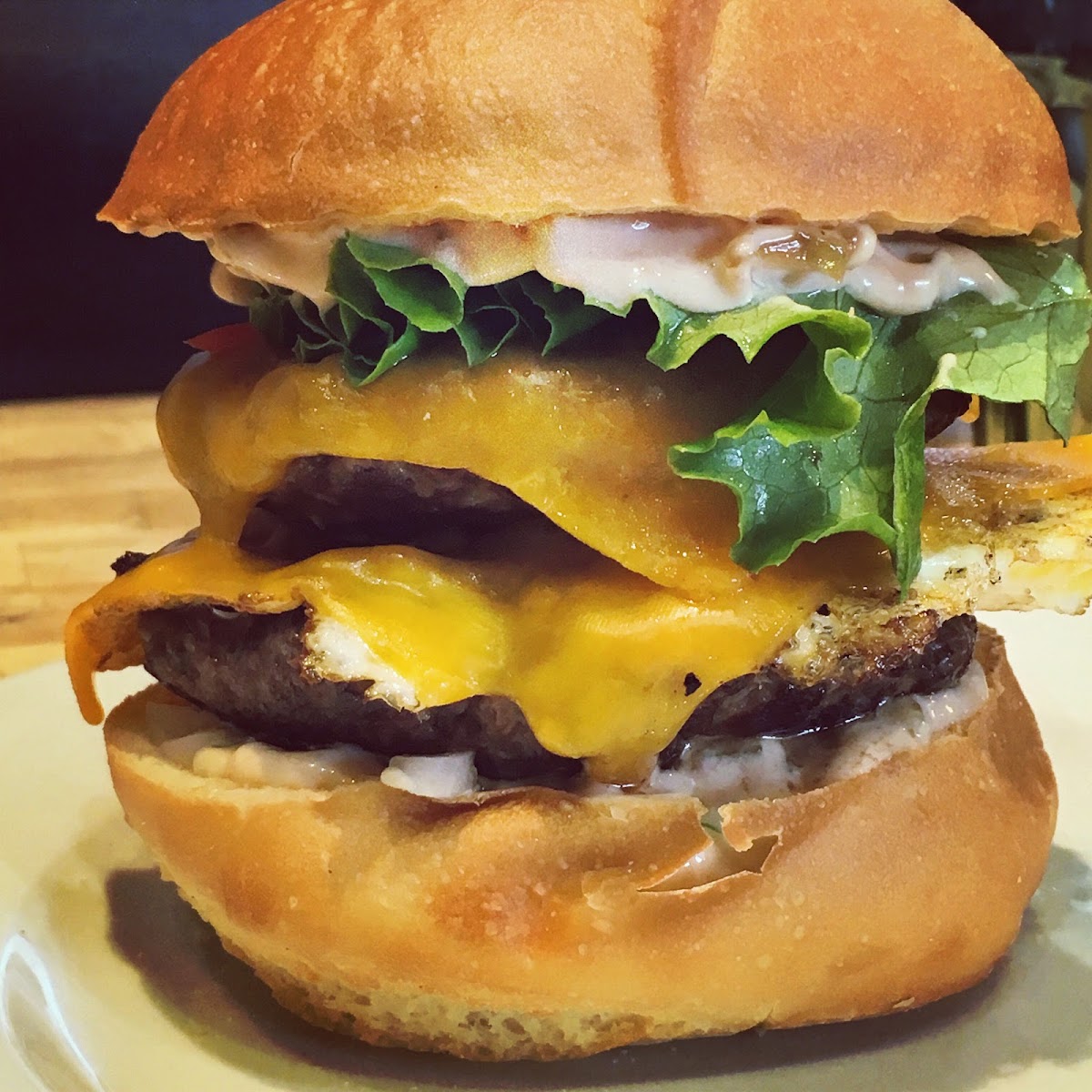 Abe’s Big Lion.
Tower-stacked double beef burger, double cheddar cheese, onions, lettuce, pickles, Abe's sauce, Photo with a gluten free bun.