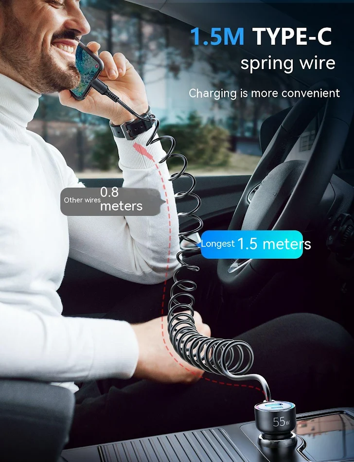 Three-in-One Car Charger Mobile Phone TYPE-C Cigarette Lighter. Fast and Convenient Charging for your Phone and Accessor