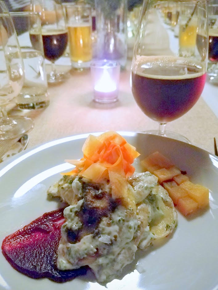 Imperial Session Beer Dinner from September 2016, 5 courses with each course paired with a beer. Cousre 3 Lamb or Mushroom pierogies, mint chimichurri sour cream, beet harissa paired with De Garde/Heater Allen Doppelbock (Eichenbock, an oak barrel-aged Doppelbock)