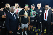 WBC representative Peter Ngatane, Ryhad Merhy, Kevin Lerena, Peter Smith and BSA chairperson Luthando Jack, after the WBC silver bridgerweight fight at Emperors Palace in Kempton Park.