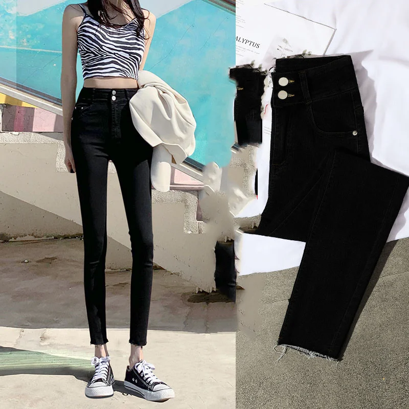 Damskie Jeansy z Wysokim Stanem Czarne Spodnie Dopasowane Wiosna Lato i Jesień Obcisłe Slim Fit Nowe Jeansy 9/10