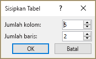 Memperlihatkan dialog Sisipkan Tabel di PowerPoint