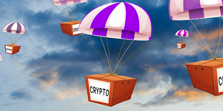 Crypto airdrop being performed using parachutes.