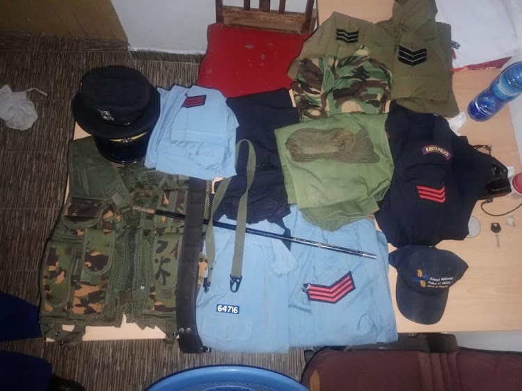 Some of the police items that were recovered from two suspects in a house in Obama estate, Nairobi on October 17, 2023.