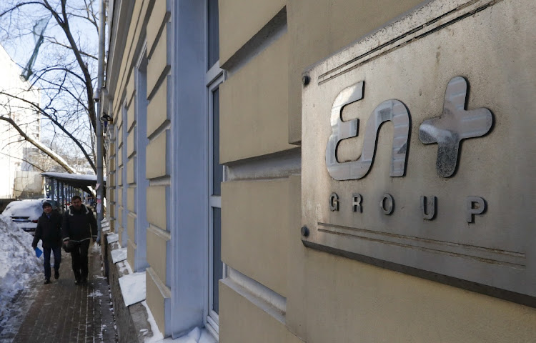 A wall sign with the logo of aluminium and power producer En+ Group is seen on the facade of a building in central Moscow, Russia. Picture: REUTERS/SERGEI KARPUKHIN