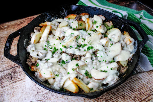Ground Beef Philly Skillet with melted cheese.