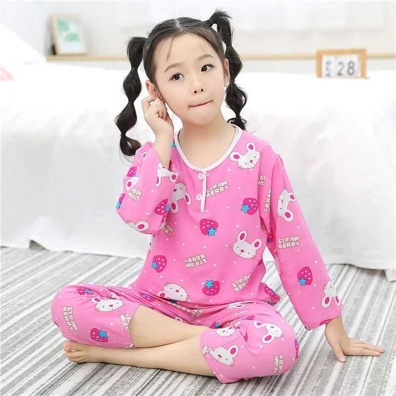 Roupa de casa infantil de algodão e seda, manga longa fina, ideal para ar condicionado, leve e confortável para meninas.