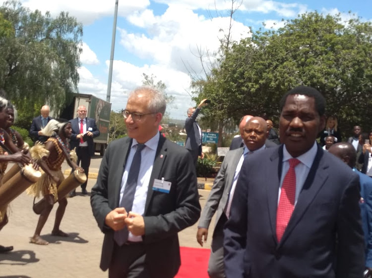 Trade CS Peter Munya and Gernany Prime Minister and Economy Minister Tarek Al Wazir in EPZA grounds on October 23