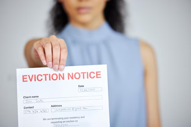 A female holding an eviction notice in a blurred background