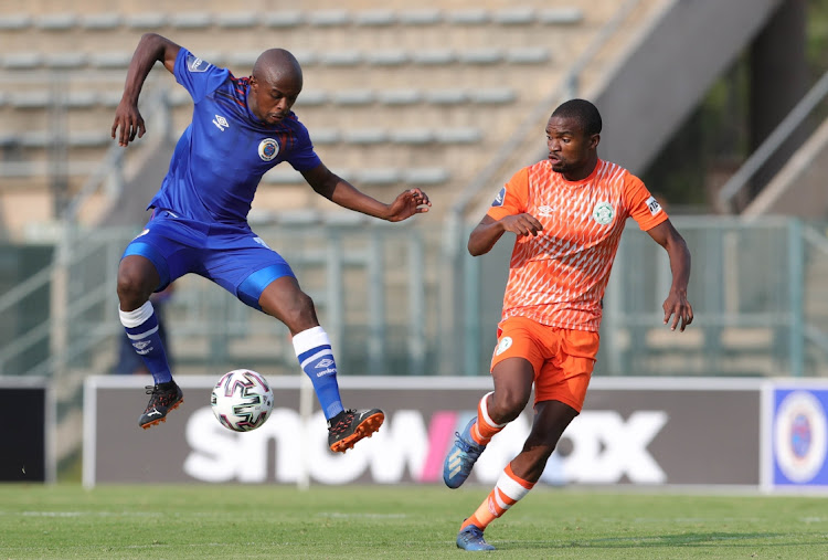 Teboho Mokoena of Supersport United challenged by Siphelele Luthuli of Bloemfontein Celtic during the DStv Premiership 2020/21 match between Supersport United and Bloemfontein Celtic at Lucas Moripe Stadium, Pretoria.