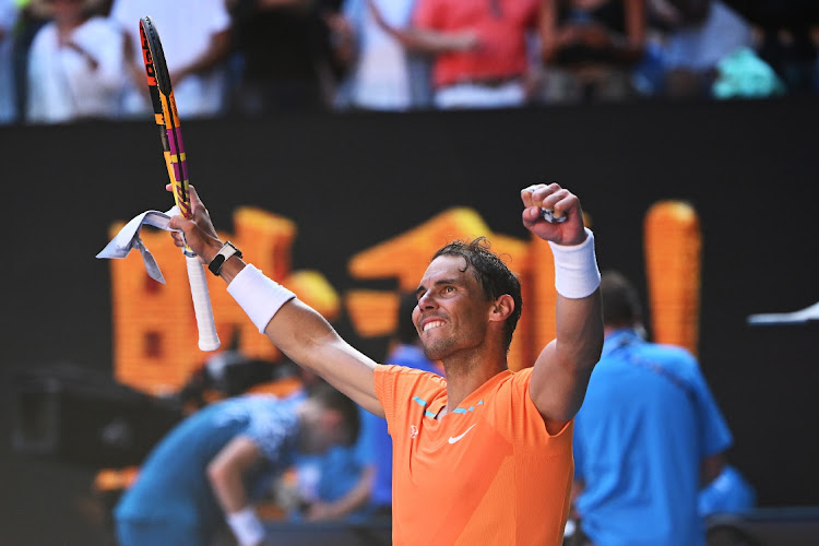 Rafael Nadal of Spain celebrates match point in his round one singles match against Jack Draper of Great Britain on day one of the 2023 Australian Open at Melbourne Park on January 16 2023. Picture: Quinn Rooney/Getty Images