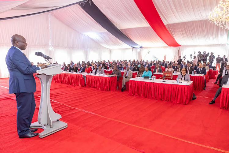 Deputy President Rigathi Gachagua speaking during a stakeholders meeting in Karen on September 29, 2023