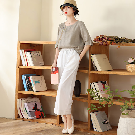 Title 10, Linen Embroidered Chinese Crew Neck Top Pullover