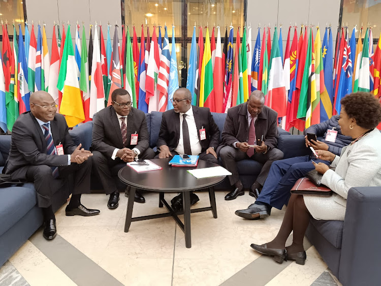 Agriculture CS Mithika Linturi together with the Kenyan delegation while preparing to deliver Kenya’s ministerial statement during the ongoing, United Nations, Food and Agriculture Organization (FAO) Council meeting in Rome, Italy./Photo/Handout.