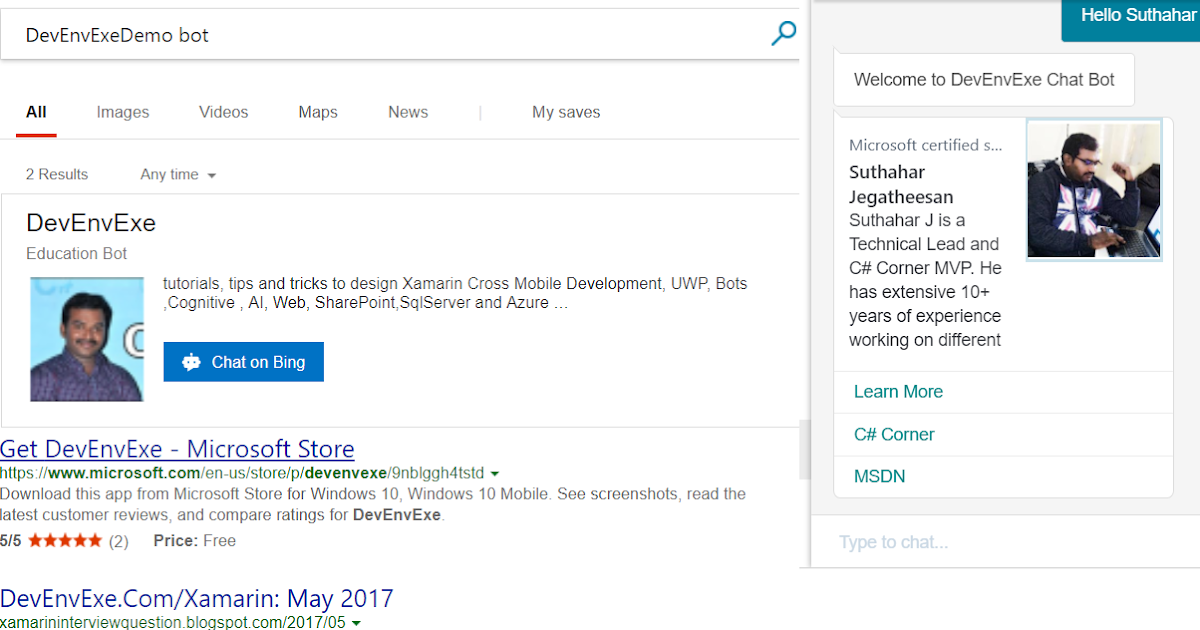 Building Chat Bots with Bing search results using Bot Framework