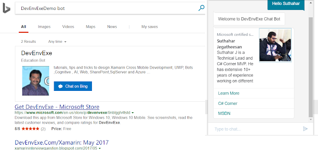 Building Chat Bots with Bing search results using Bot Framework