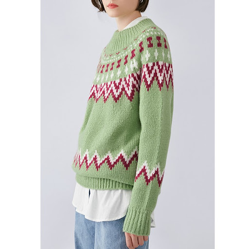 Title 6, Contrast Jacquard Pattern Loose Round Neck Pull...