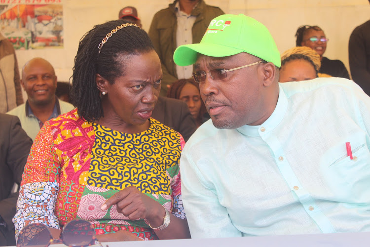 NARC-K leader Martha Karua with Nyeri senatorial candidate on Narc-K ticket Kabando Kabando in Nyeri on Tuesday, May 10, 2022.