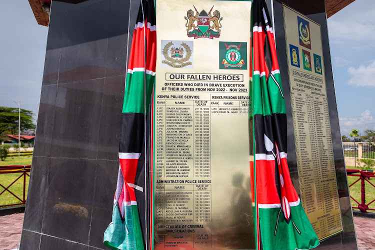 A monument of fallen police officers during a memorial service at Embakasi AP training College, Nairobi on December 14, 2022.