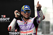 Jorge Martin of Spain and Prima Pramac Racing team celebrates after winning the sprint race of the Indian MotoGP Grand Prix at the Buddh International Circuit on September 23, 2023 in Delhi, India. 