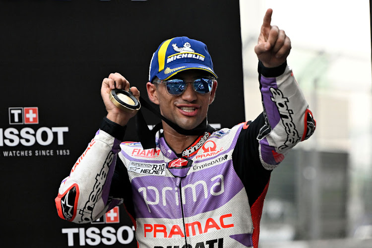 Jorge Martin of Spain and Prima Pramac Racing team celebrates after winning the sprint race of the Indian MotoGP Grand Prix at the Buddh International Circuit on September 23, 2023 in Delhi, India.