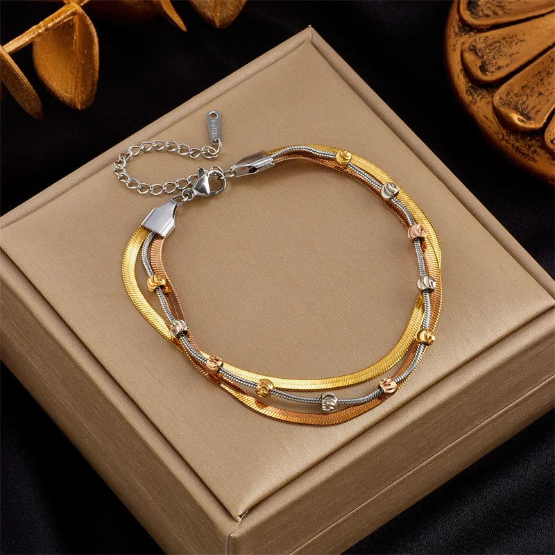 Bracelet chaîne rétro multicouche en acier titane double couleur contrastée, un bijou audacieux et élégant pour un style unique et affirmé.