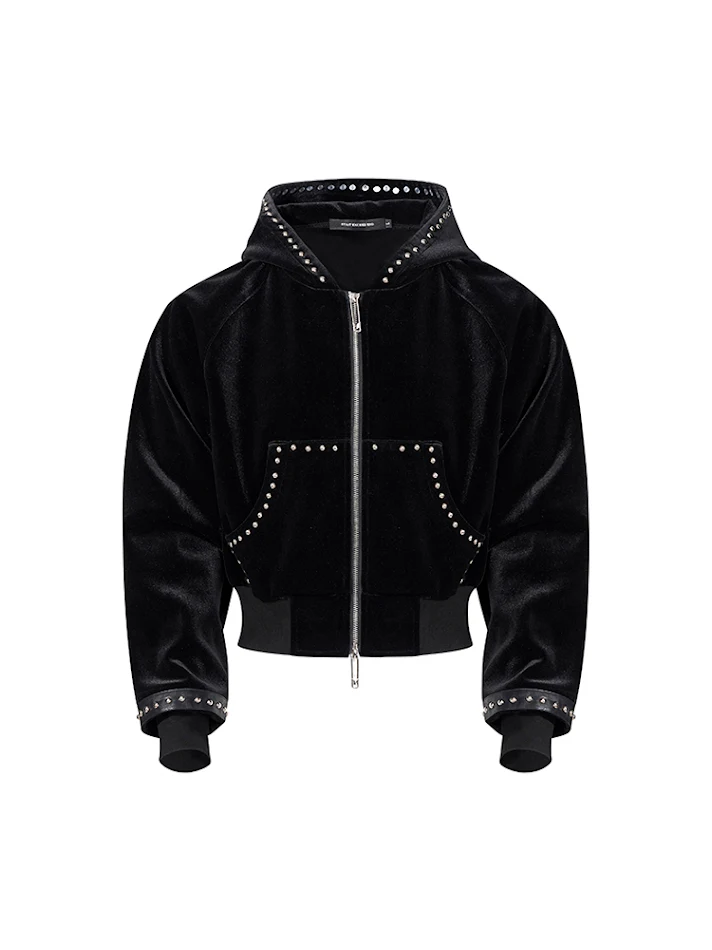 Gold Velvet kurze Kapuzenjacke für einen luxuriösen Auftritt. Bietet Wärme und Stil mit ihrem weichen Samt und der bequemen Kapuze.